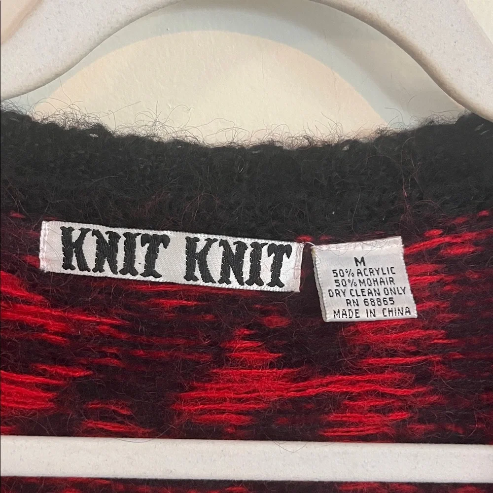 Vintage Knit Knit Cardigan Mohair Sweater Red Black 80s Demask Gothic Cozy Fuzzy - Picture 2 of 5